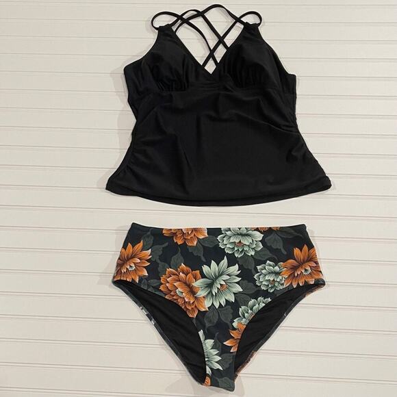 Cupshe Swimsuit Women  XL Black Tankini Adj Tie Sides Cross Back 2 Piece Cheeky - Picture 1 of 5